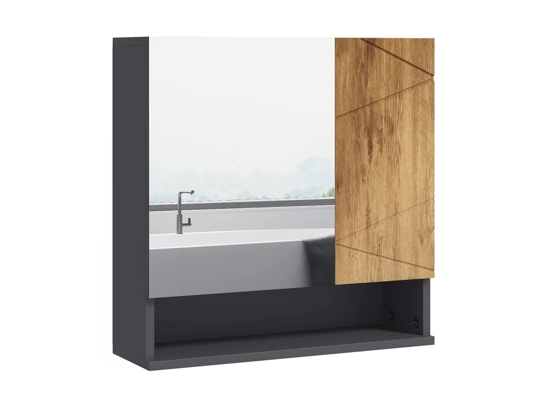 Armoire miroir de salle de bain - 2 portes, 2 étagères, niche - anthracite aspect bois