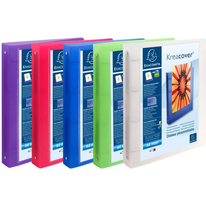 Classeur 4 anneaux plastifié Exacompta Kreacover®personnalisable A4 maxi - Dos 4 cm couleurs assorties