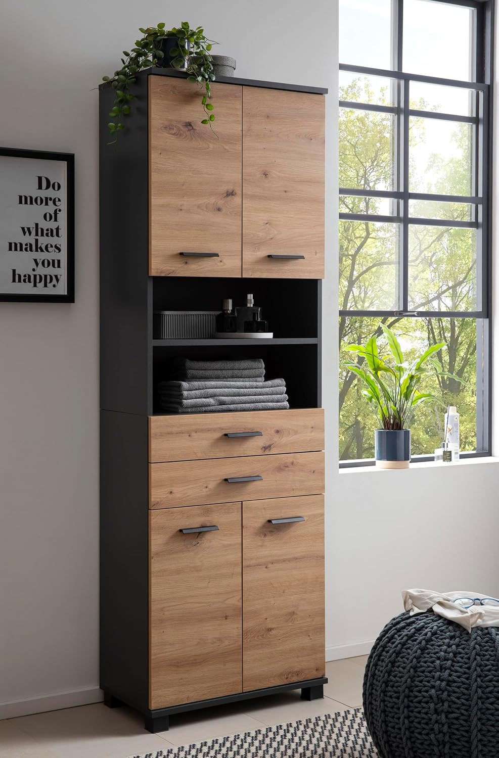 Schildmeyer Palermo Waschbeckenunterschrank 157635, Anthrazit/Artisan Eiche Dekor, 65,1 x 32,0 x 60,0 cm