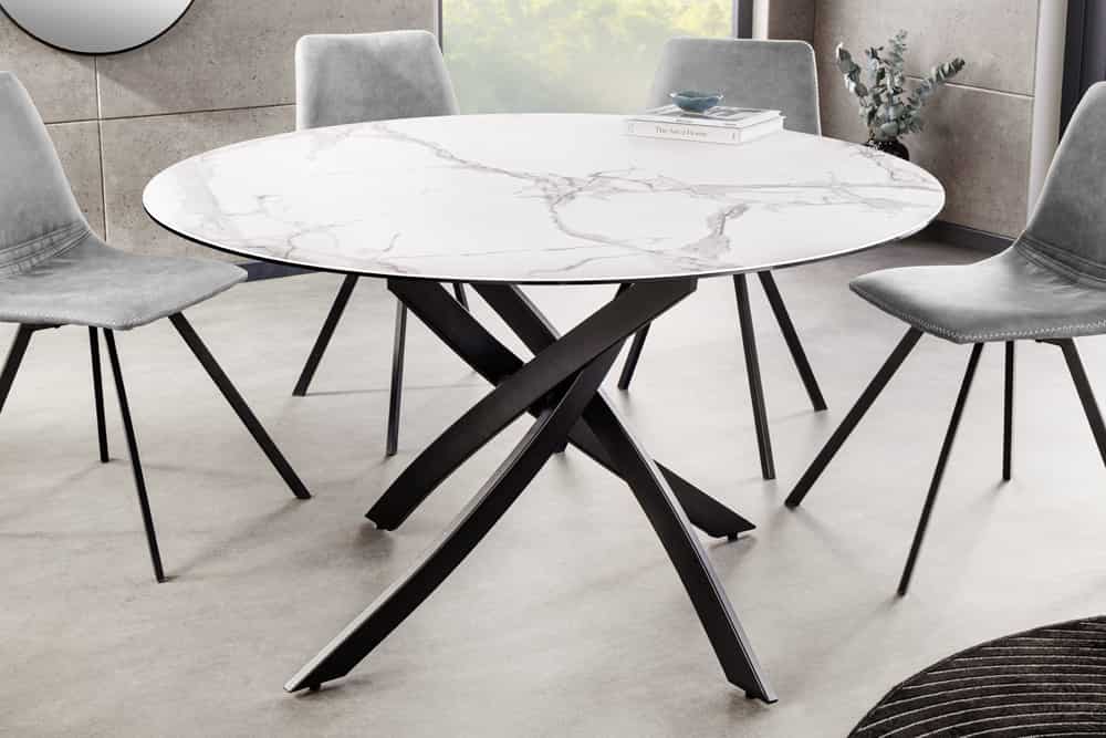 Runder Esstisch ALPINE 120cm weiß Marmor Keramik schwarzes Metallgestell