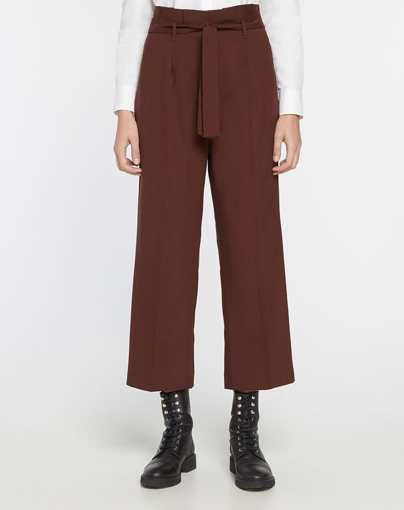 Galeries Lafayette Pantalon paperbag en Laine mélangée marron