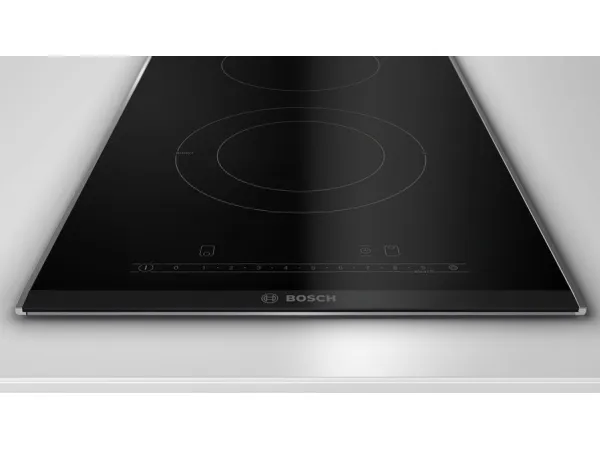 Bosch Serie | 6 PKF375FP2E - Keramisk kogeplade - 2 plader - Niche - bredde: 27 cm - dybde: 49 cm - med kantet front og ryg-pynt, - with ComfortProfil, - med sidepynt af børstet aluminium - børstet aluminium/sort