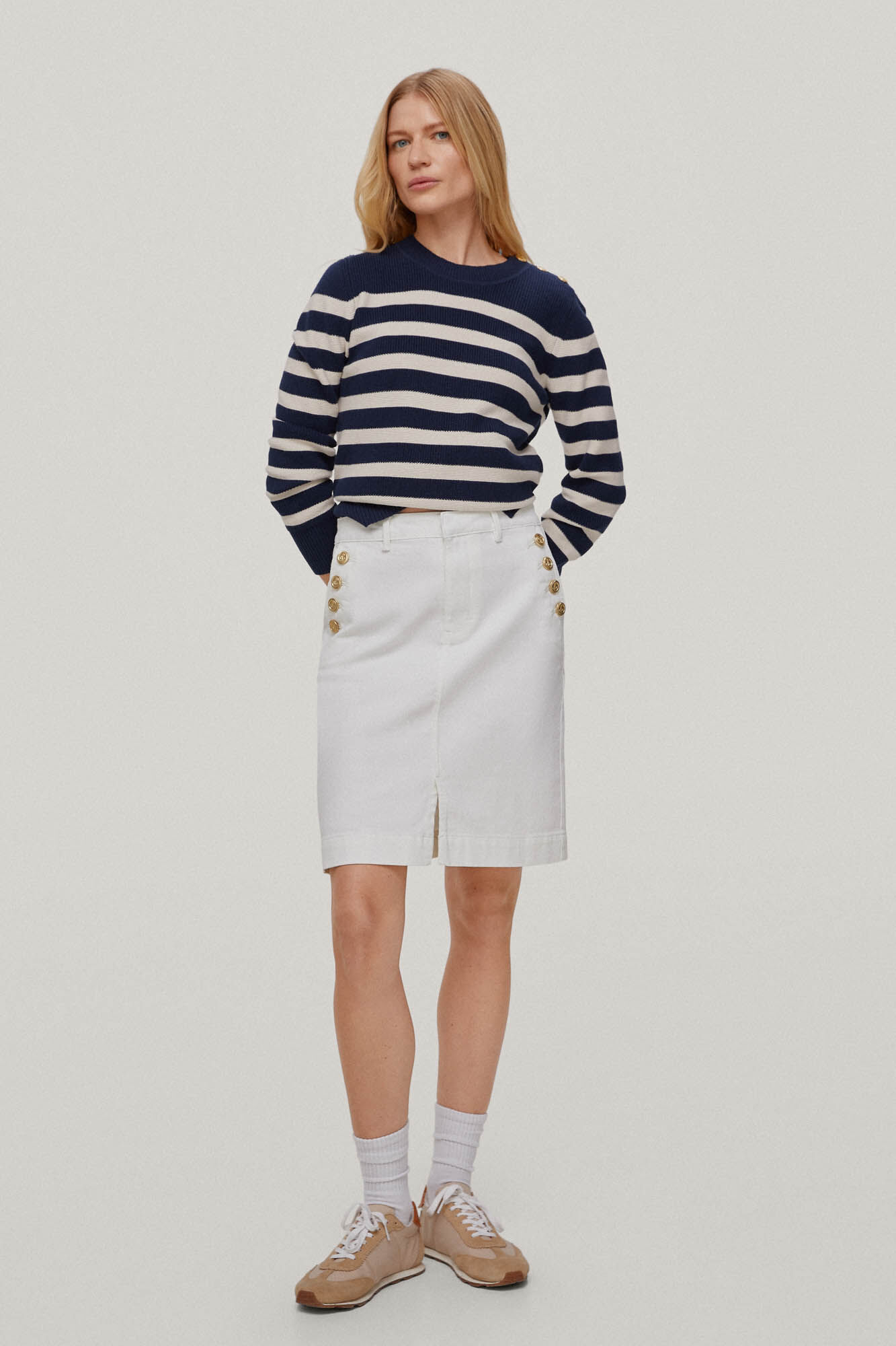 Saia jeans com botões - Branco-sujo