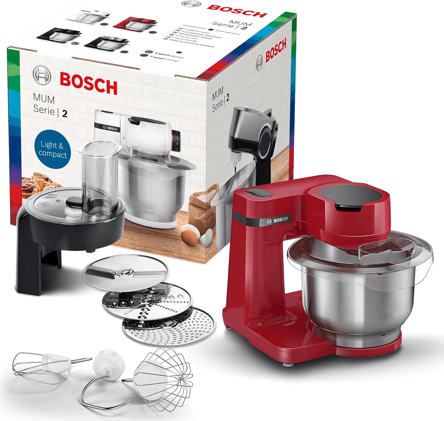 Bosch Küchenmaschine MUM Serie 2 MUMS2ER01, Edelstahl-Schüssel 3,8 L, 700 W, rot & Bosch Kartoffelpuffer-Rösti-Scheibe MUZ45KP1, Wendescheibe, spülmaschinengeeignet