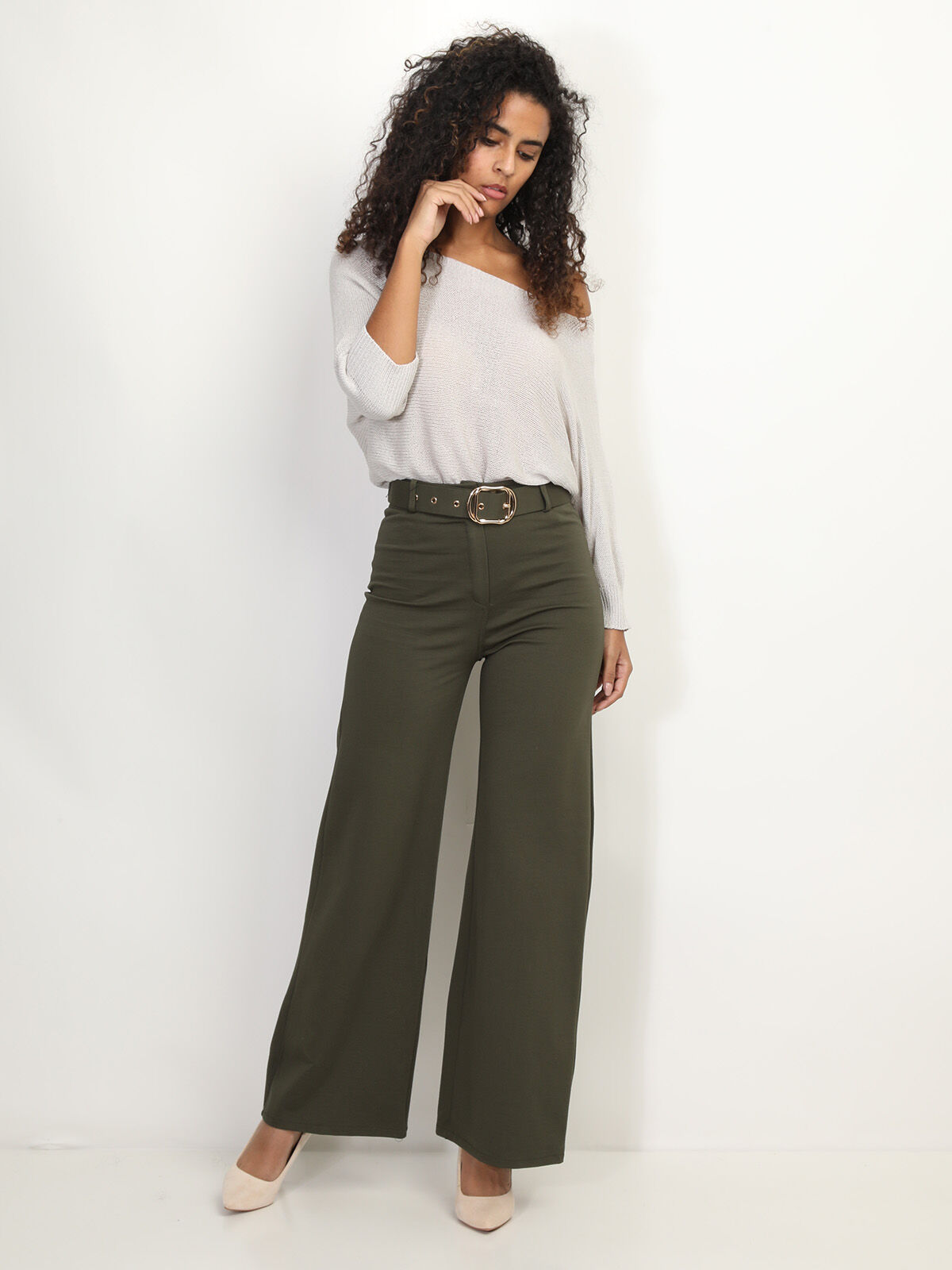 Pantalon évasé avec ceinture- Kaki