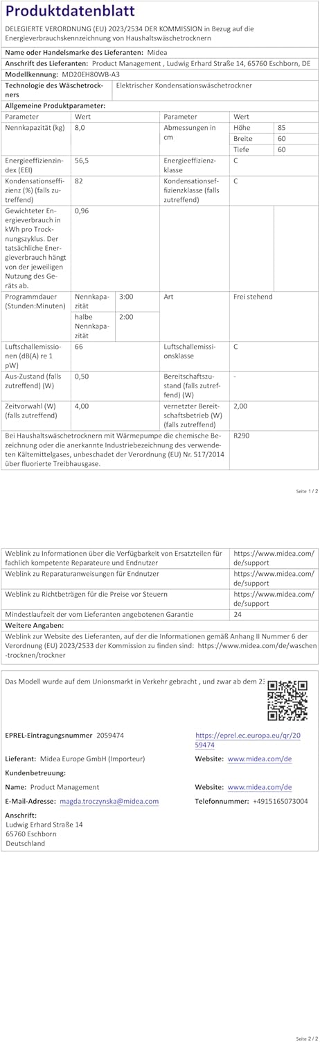 Midea MD20EH80WB-A3 Wärmepumpentrockner, 8 kg, Energieklasse C, UV Hygience, Knitterschutz, Sanfte Pflege, Auto Dry, Wollpflege, Auffrischen, Fernsteuerung, Startzeitvorwahl, Weiß