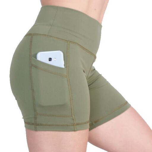 Shorts esportivos femininos verdes em Supplex com bolsos.