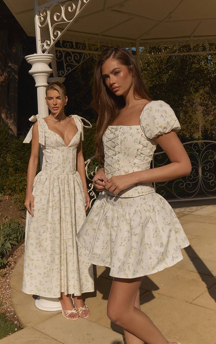 Blanc Ensemble Corset En Coton Imprimé Fleuri Ditsy