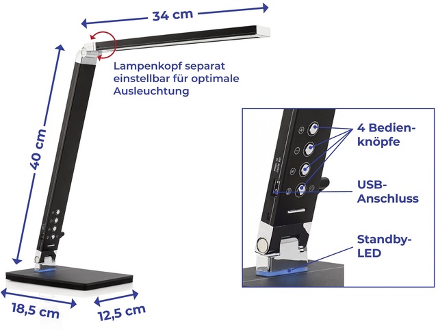 Maximex Tischleuchte »Tageslicht« LED-Modul Neutralweiss | Tageslichtweiss | Warmweiss Tischlampe mit 5 Helligkeitsstufen, standsicherer Fuss, USB-Anschluss