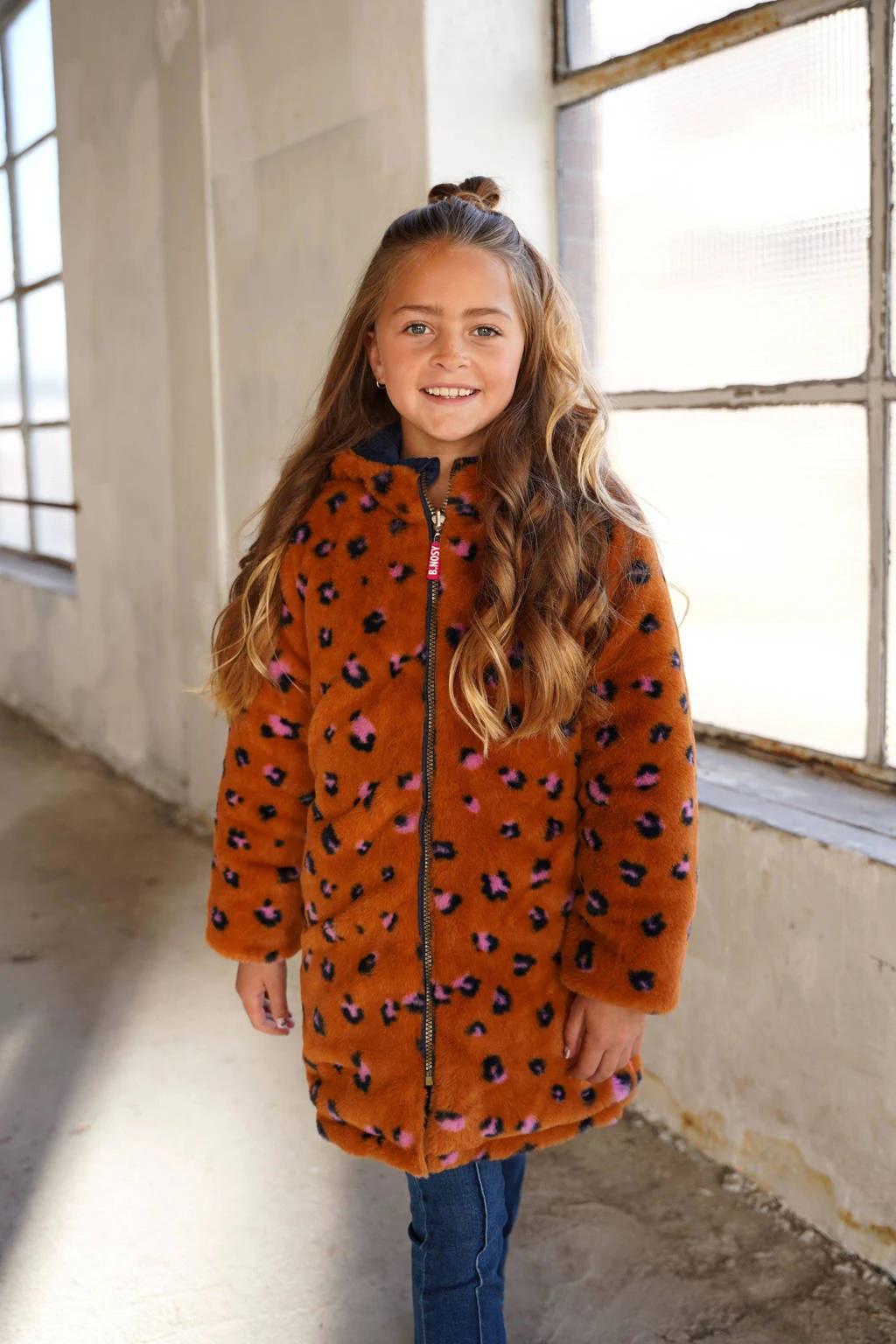 reversible winterjas met imitatiebont roest/blauw