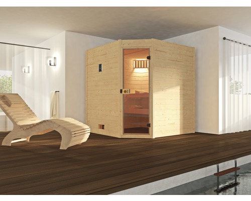 Weka Valida Corner GT massief houten sauna inclusief 7,5 kW kachel en digitale bediening, zonder raam, met volledig glazen deur van helder glas