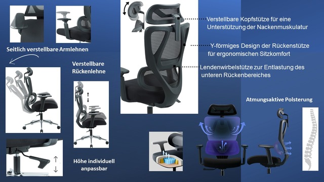 PLACES OF STYLE Bürostuhl »Andora, moderner ergonomischer Schreibtischstuhl« () verstellbare Armlehne & Kopfstütze, Lendenwirbelstütze