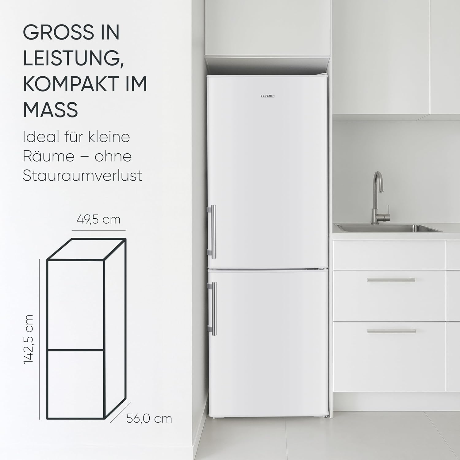 SEVERIN Kühl-Gefrierkombination, Energieeffizienzklasse C, Kühlen 121L, Gefrieren 52L, LED Beleuchtung, 142,5 cm Höhe, 4-Sterne-Gefrierfach, verstellbare Ablagefläche, 124 kWh, weiß/Metall, DT 8770