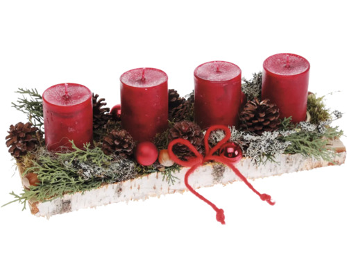 Adventsbloemstuk, tafelstuk, L 33 cm, H ca. 12 cm, B ca. 12 cm, berkenhouten plank, incl. 4 rustieke rode kaarsen