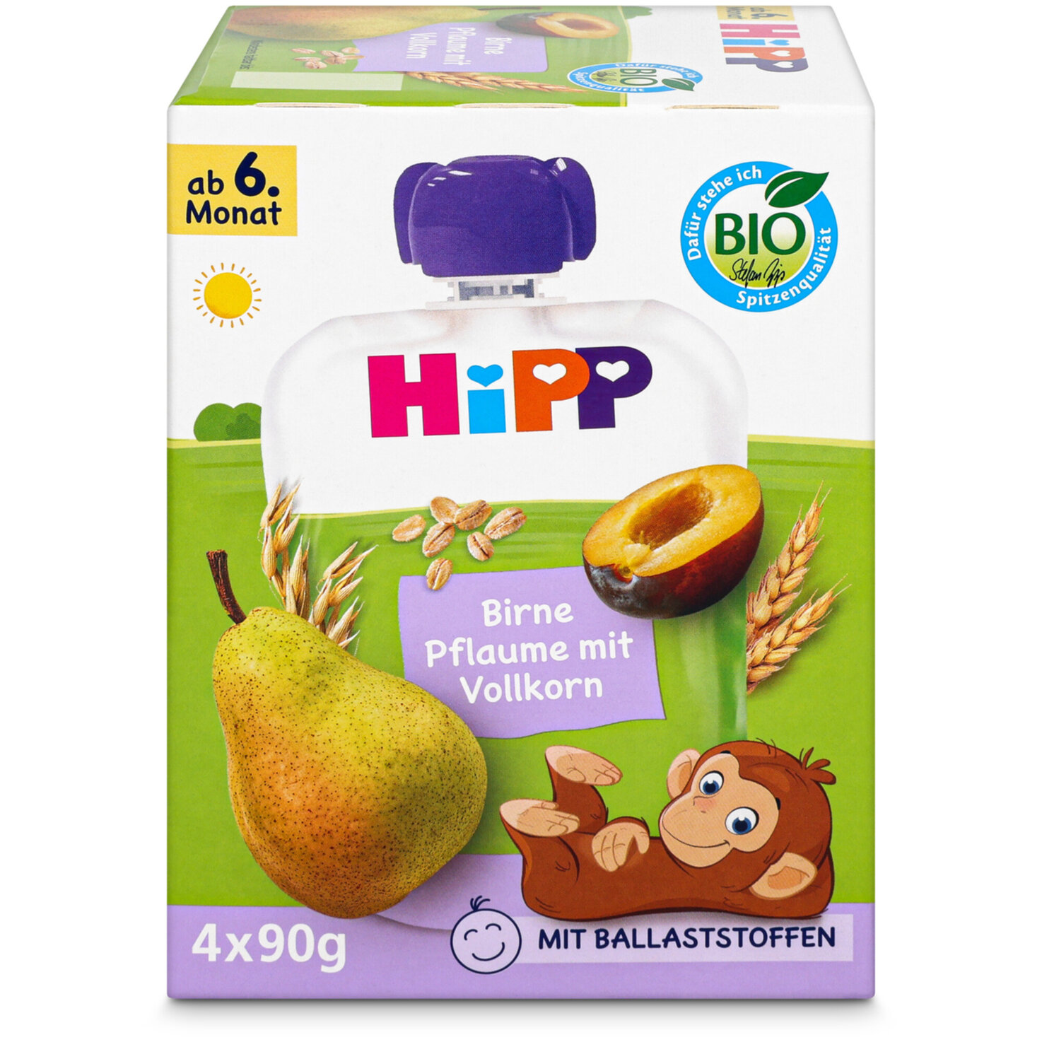 Hipp Quetschie Birne Pflaume mit Vollkorn 6+ Monate 4x90g