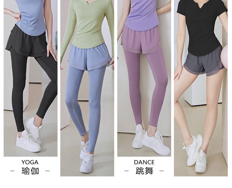 FAYE - Set: sport-T-shirt met korte mouwen, inkeping in de hals en ruches + tweedelige yogalegging met hoge taille