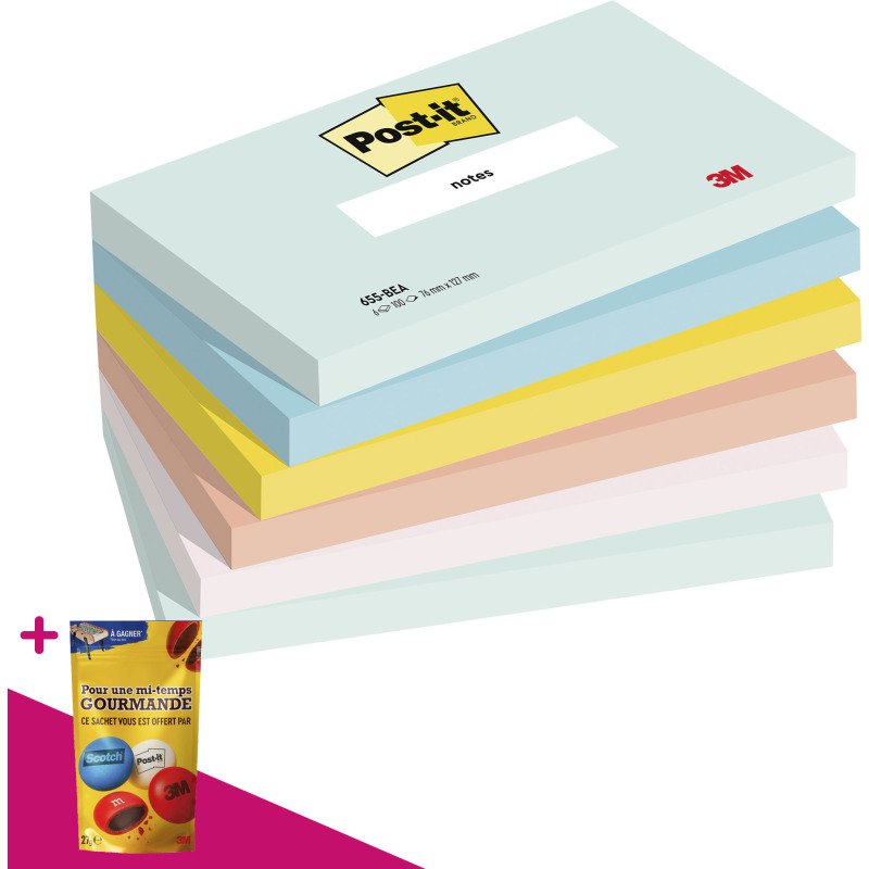 Notes repositionnables couleurs Beachside Post-It - bloc de 100 feuilles = Pour l'achat 12 notes repositionnables, 1 sachet de M&M OFFERT