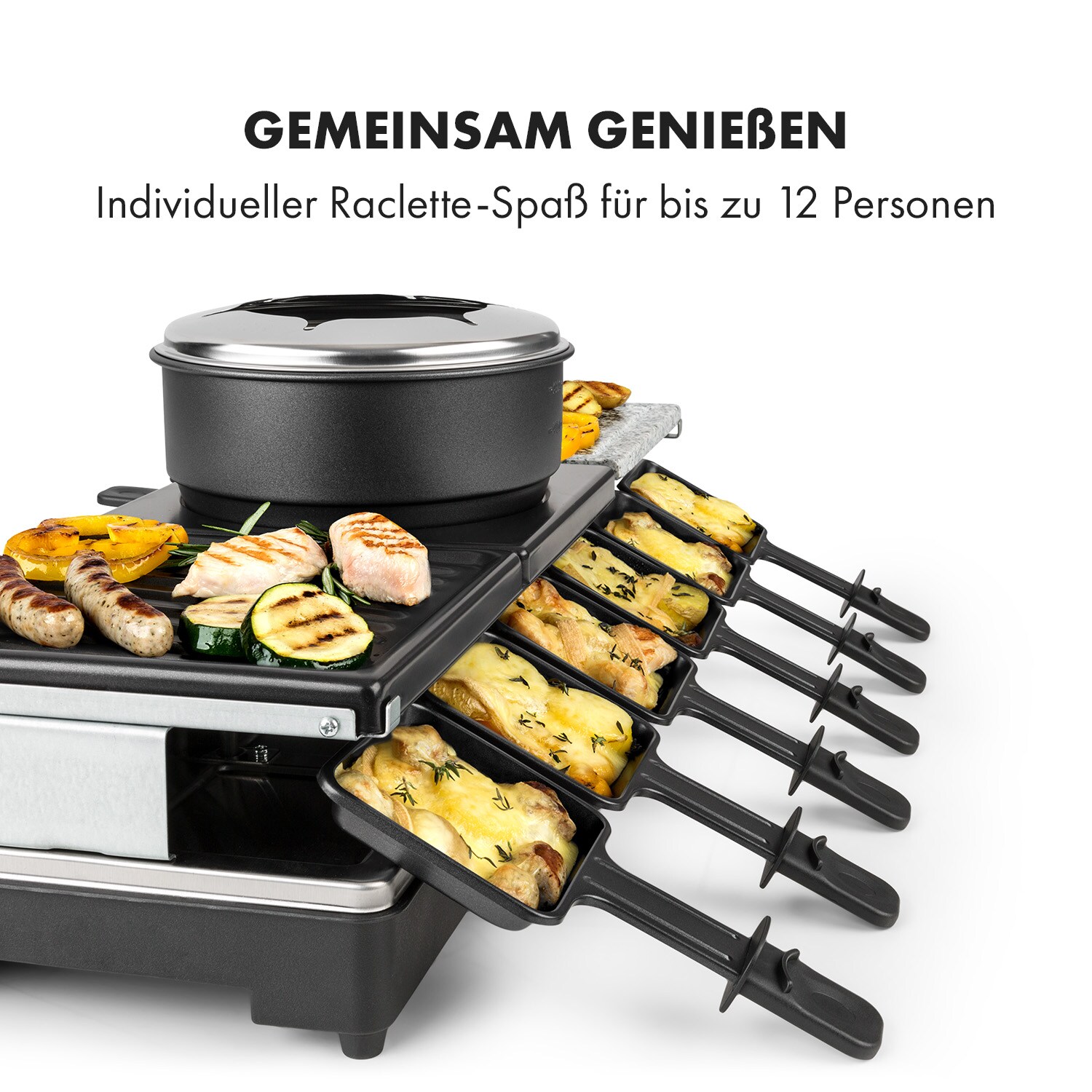 Fonduelette XL 3-in-1 Raclettegrill Fondue Naturstein 1650W 12 Pers
