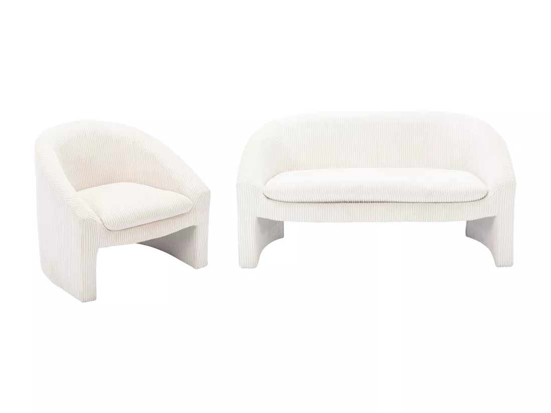 Canapé 2 places et fauteuil en velours côtelé crème OSSANA