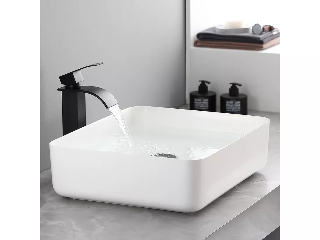 Cecipa max 2PCS Noir Robinet Cascade avec Haut Bec Mitigeur Lavabo Haut Mono-trou Robinetterie Lave-mains avec Levier Unique en Cuivre,EU Modèle