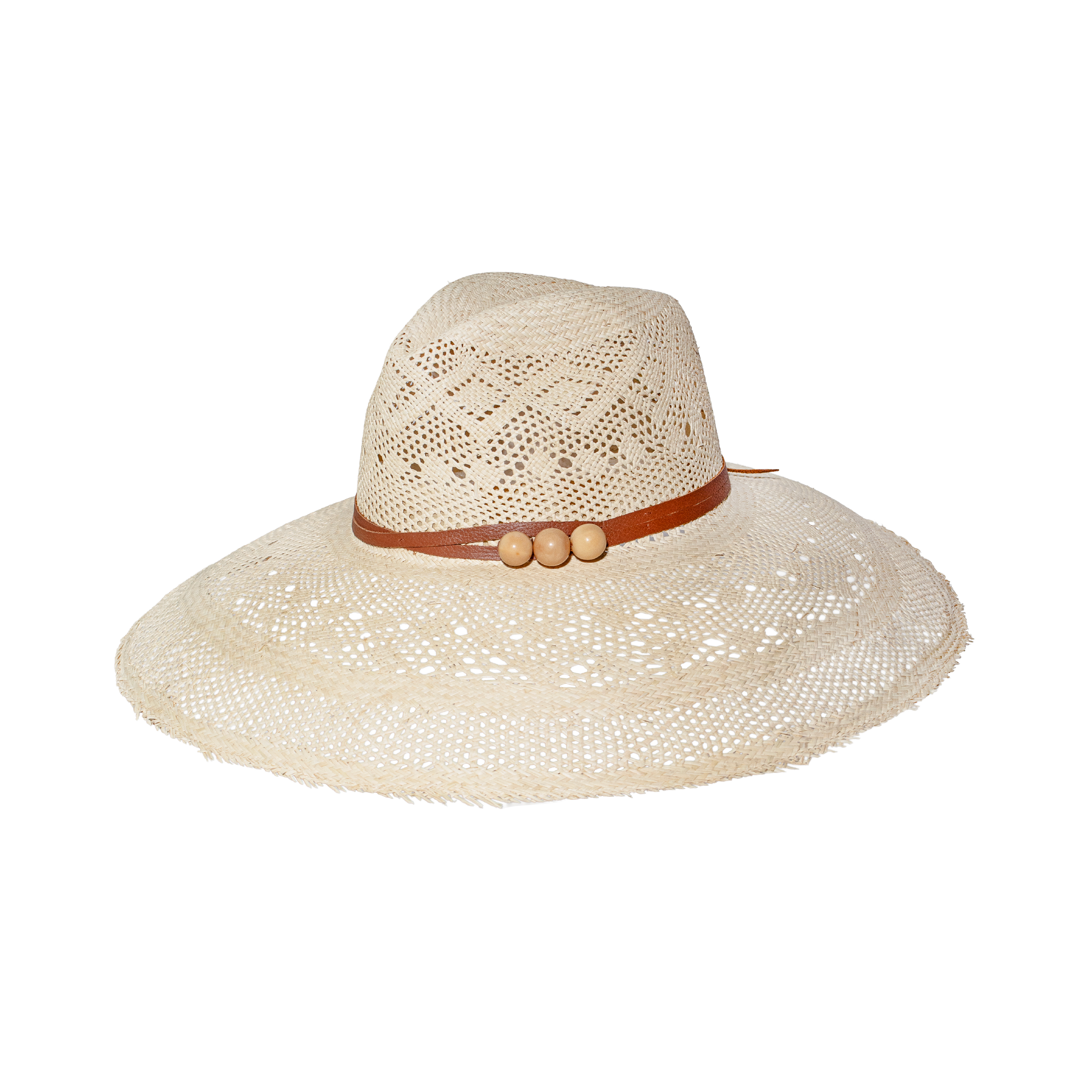 Chapeau Panama à bords extra longs en cuir tressé à mailles ouvertes effilochées.