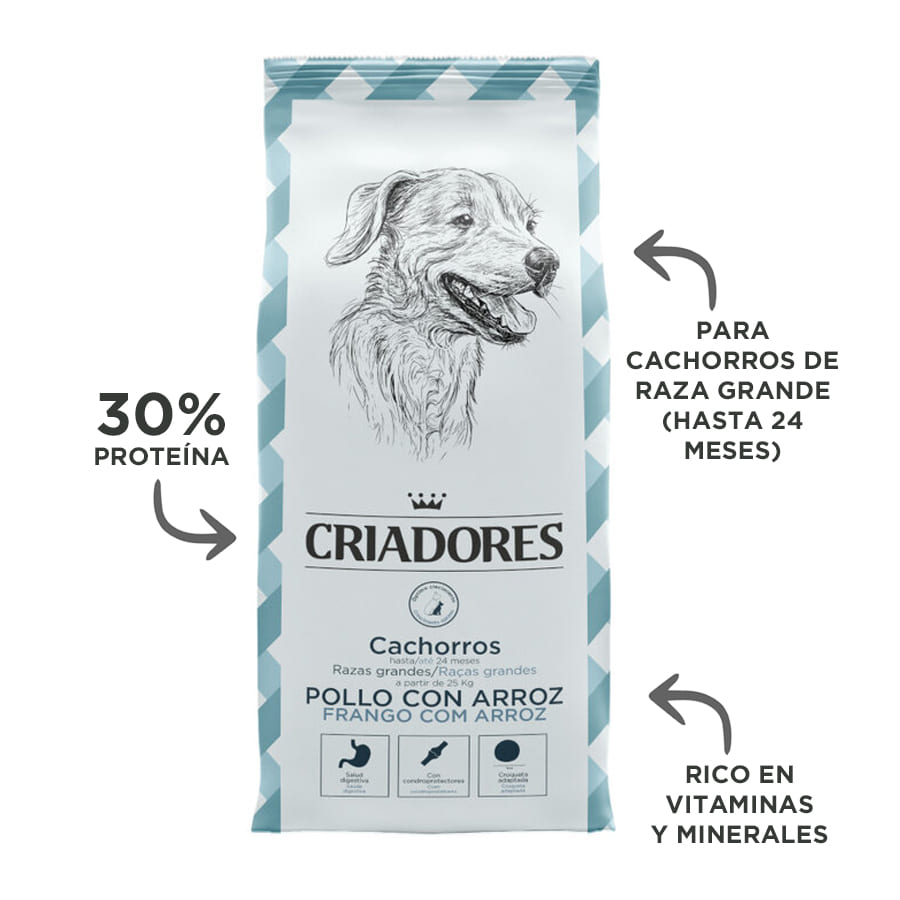 Ração para filhotes de raças grandes, sabor frango e arroz, da marca Breeders.