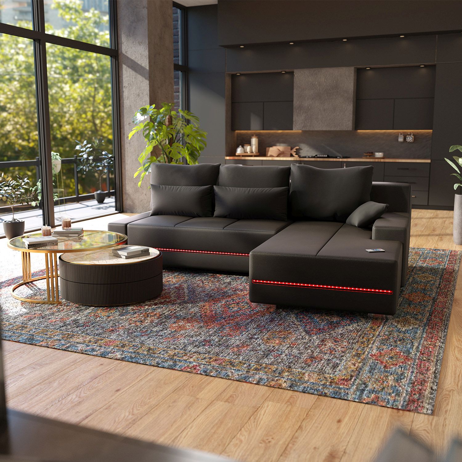 Juskys Sofa Davos Rechts - Bequemes Ecksofa mit Schlaffunktion, Bettkasten, Samt & LEDs - Dunkelgrau