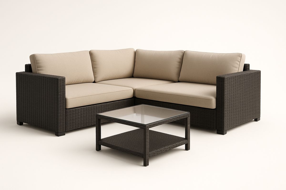 Ecksofa Rattan mit Glas Couchtisch Braun Beige