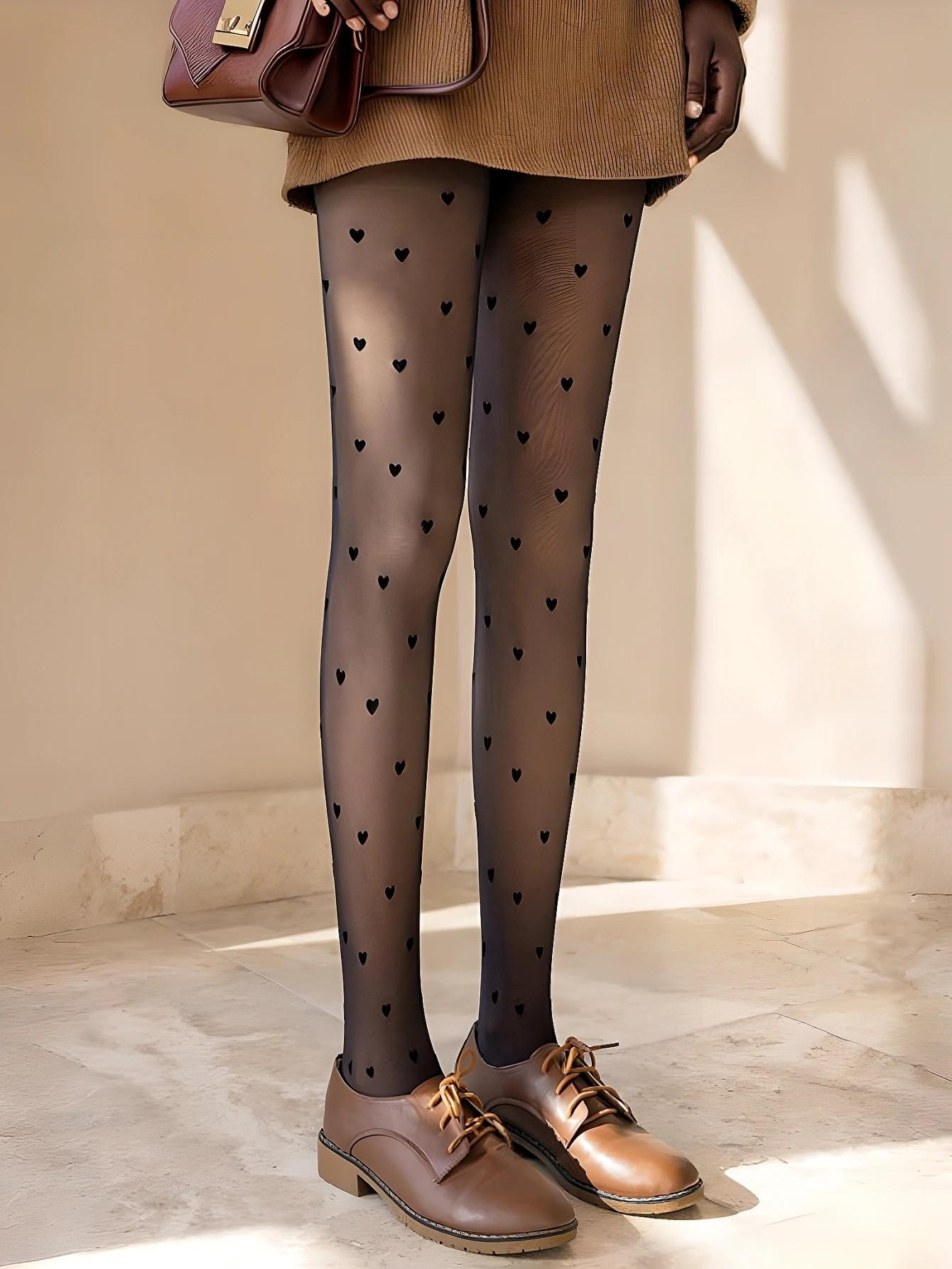Elastische Leggings Damen Strumpfhose Fashion Stretch Strumpfhose Herzen (One Size) - Schwarz