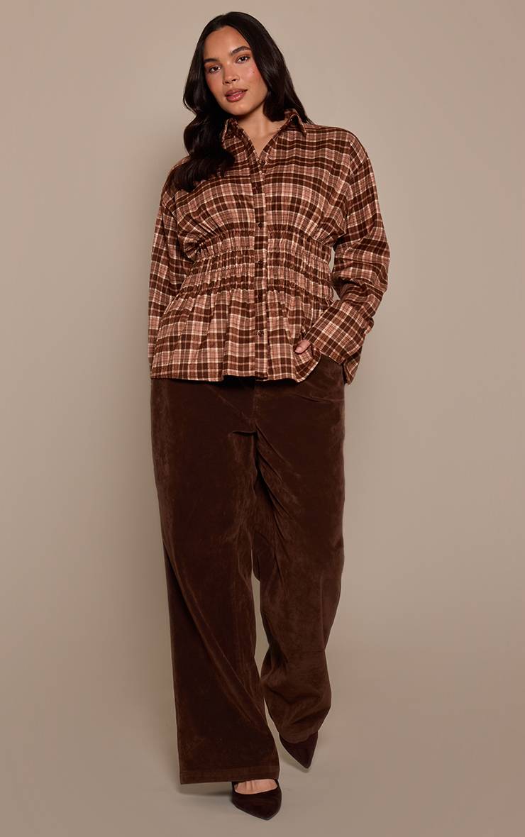 Marron Chemise Grande Taille À Carreaux Avec Taille Froncée