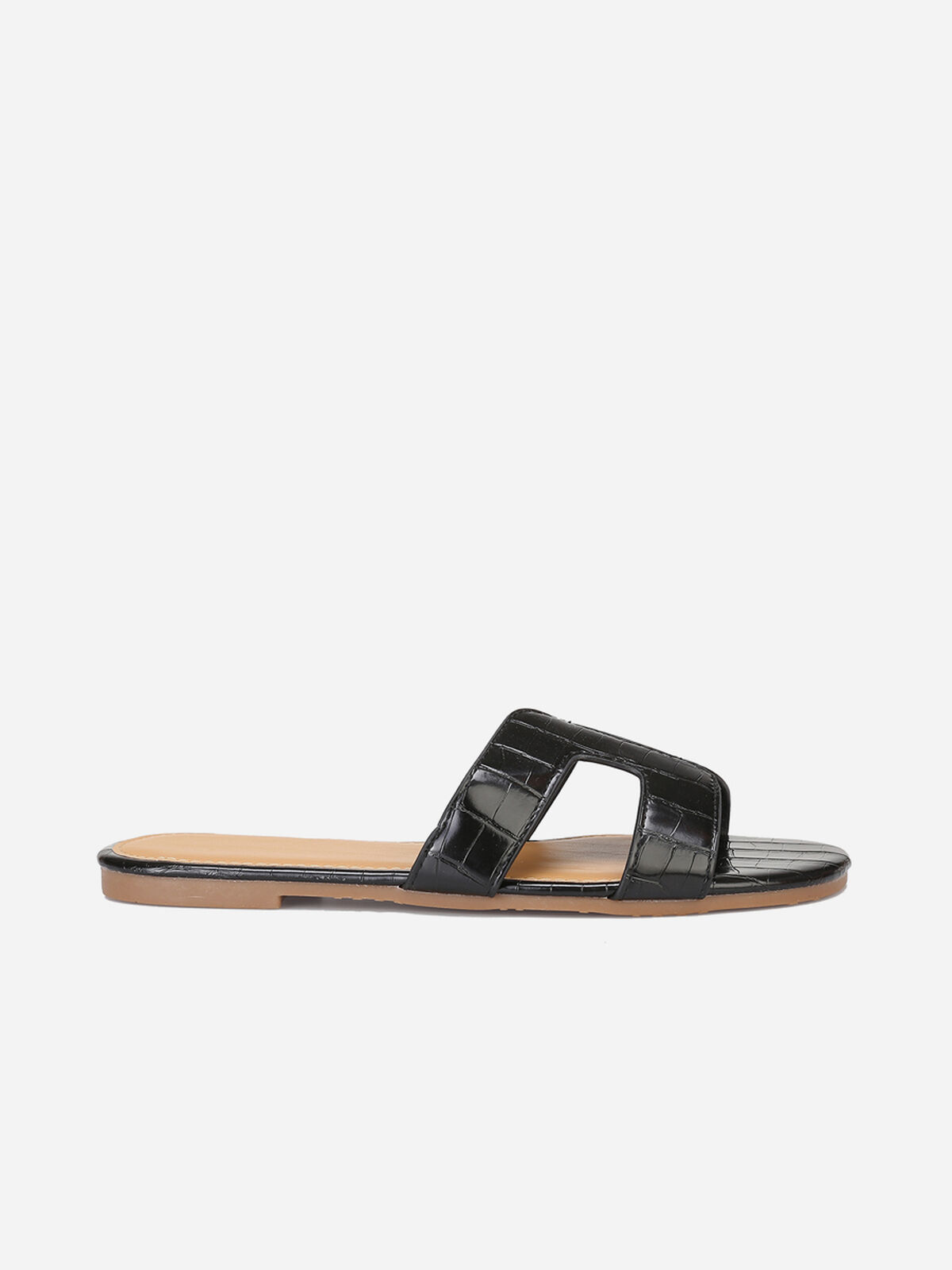 Mules imprimé croco avec brides ajourées- Noir