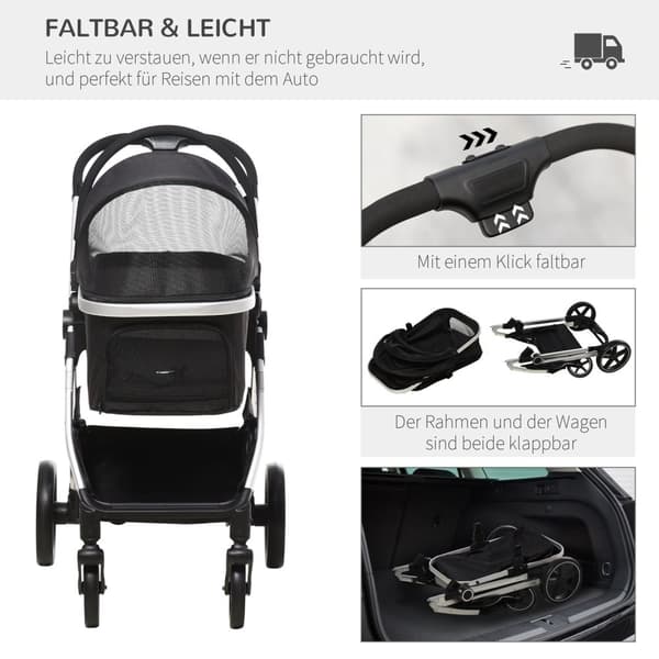 Hundevogn, 3 I 1 Hundevogn, Bilsete, Transportbag, Kattevogn Med Pute Opptil 15 Kg, Sammenleggbar Med Bremser, Nettingvindu, Sikkerhetsliner