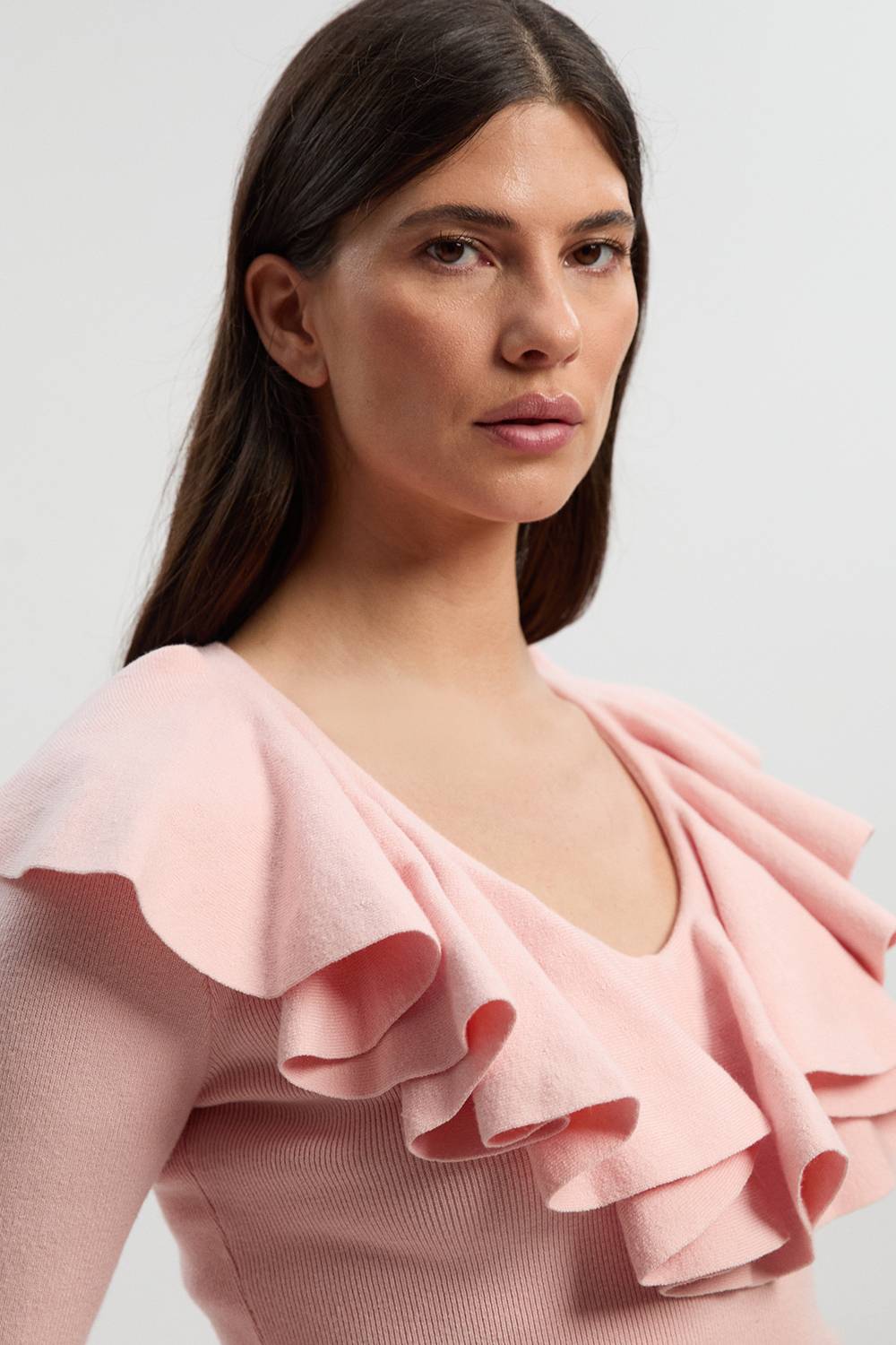 KarenMillen Haut en Maille à Col V Volants Aspect Laine Compacte