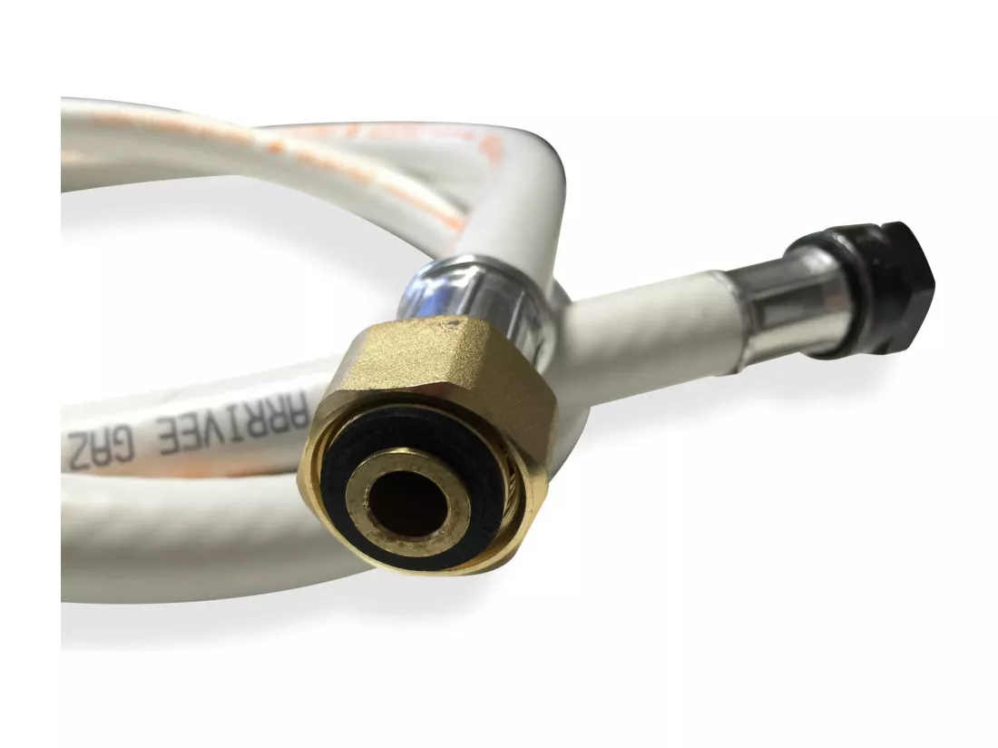 Flexible gaz NF. tuyau à embouts mécaniques - élastomère renforcé. G1/2 - M20x1.5 . Validité 10 ans. joints inclus. propane ou butane. 1.5m