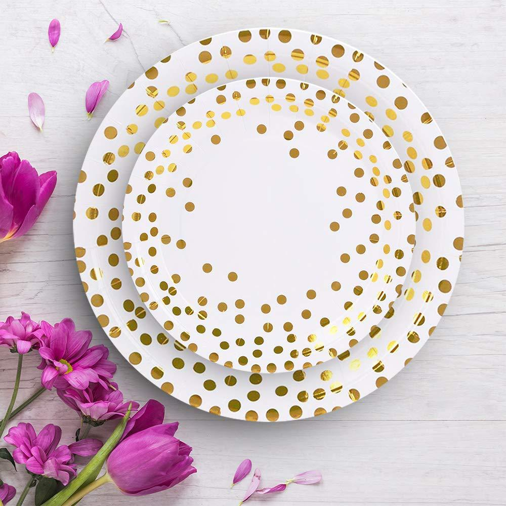 (10er Set) Ø23cm Einweg Teller Party Geschirr Tisch Dekoration im Konfetti Design - Weiss / Gold