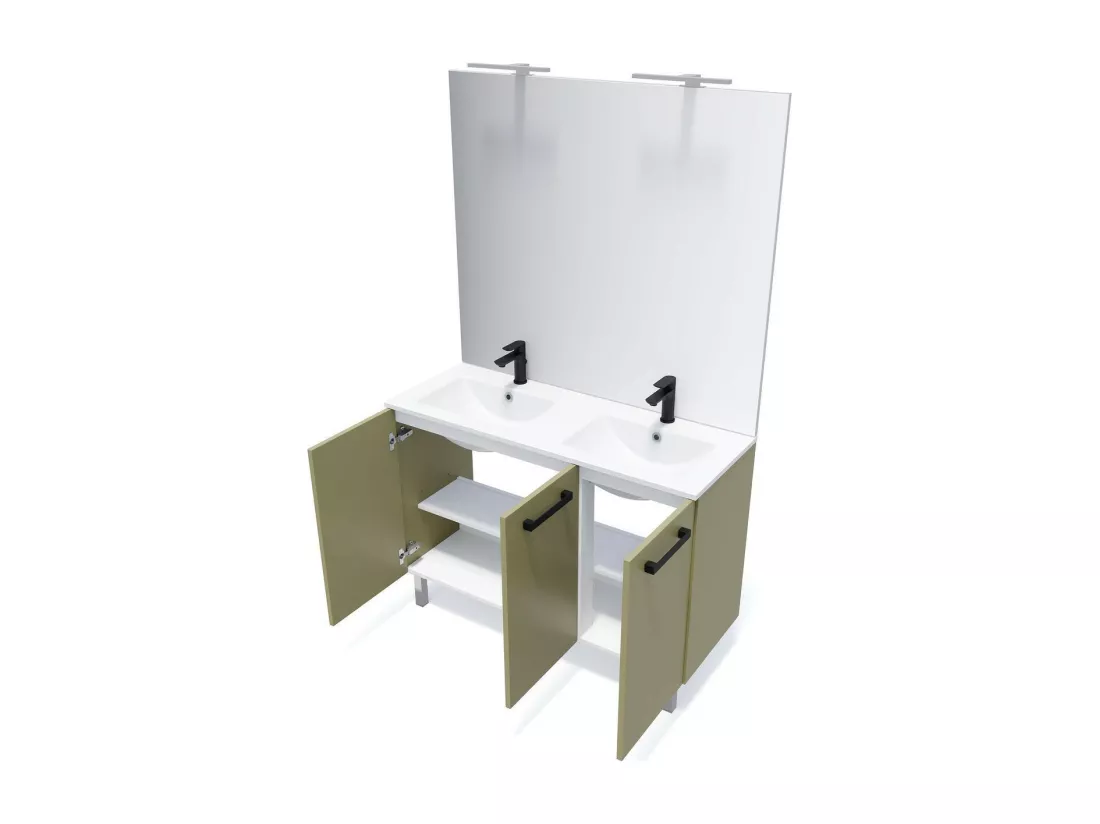 Meuble de salle de bain suspendu avec pieds double vasque intégrée 120cm 3 portes Vert olive - Chelsea