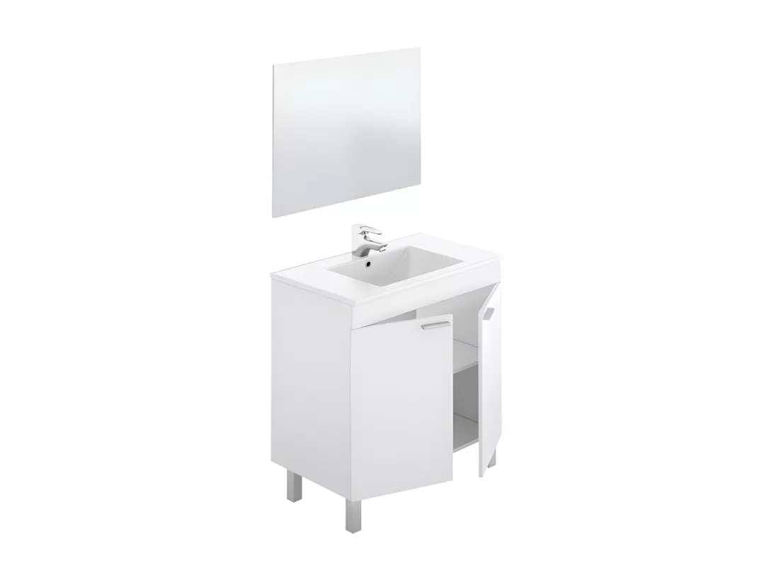 Meuble sous vasque 2 portes 80 cm + vasque + miroir Blanc - TICLY