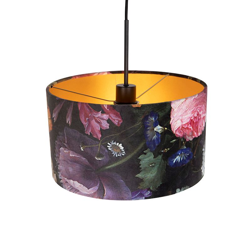 Hanglamp met velours kap bloemen met goud 35 cm - Combi