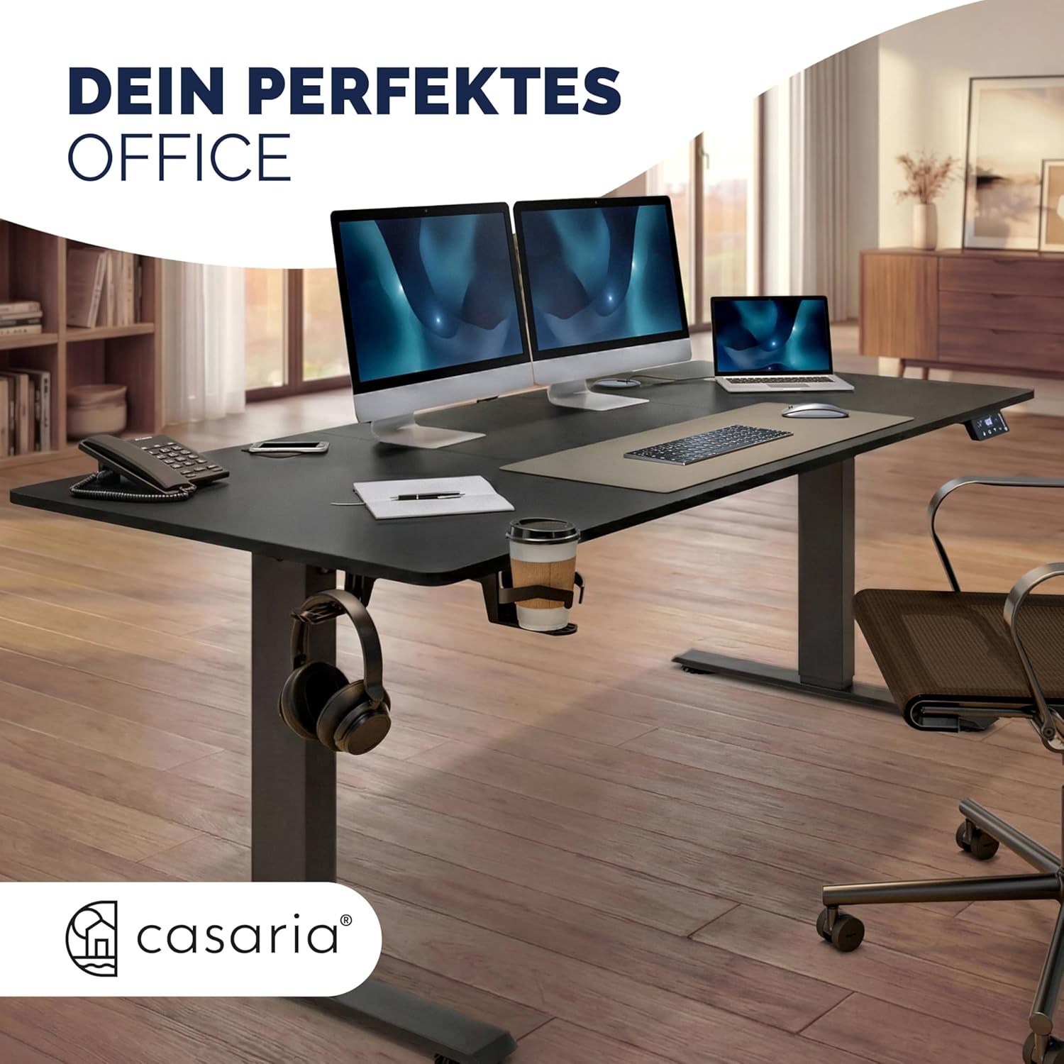 Casaria® Höhenverstellbarer Schreibtisch elektrisch 160 x 70 cm mit Wireless Charger & USB-C/A Anschluss LCD-Display Memory-Funktion 80 kg belastbar ergonomisch Schwarz