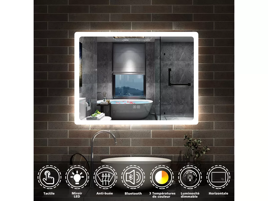 Miroir de Salle de Bain avec Bluetooth, LED Anti-Buée, Dimmable, 3 Couleurs 60x80cm Aica