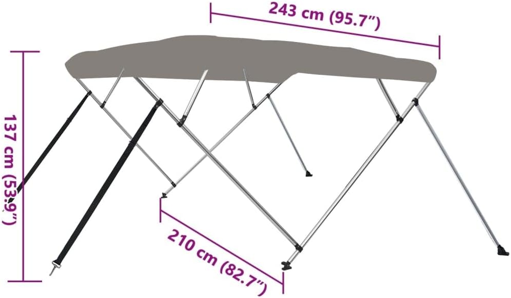 vidaXL 4-Bow Bimini Top, Bootsverdeck 2 verstellbare Nylonriemen, Sonnensegel Sonnenschutz für Boot, Sonnenverdeck Sonnendach, Grau 236x228x127cm