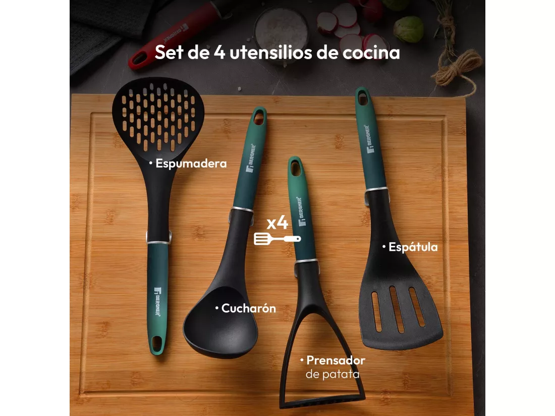 Lot de 2 poêles CLASSIQUE Ø20Ø26cm antiadhésives en aluminium forgé + ustensiles de cuisine Bergner vert