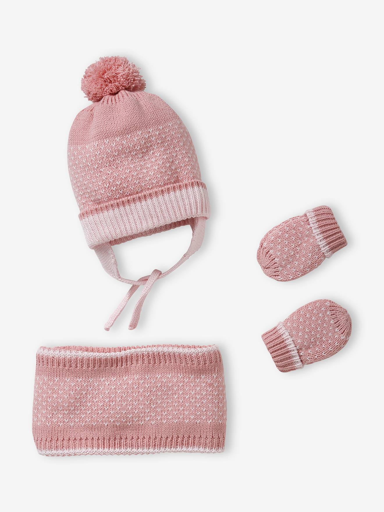 Conjunto de malha jacquard: gorro + cachecol + luvas, para bebê menina, rosa claro, bicolor/multicolorido
