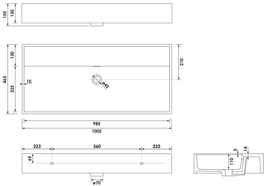 Brauer Lunar wastafel keramiek 100cm zonder kraangat zwart mat