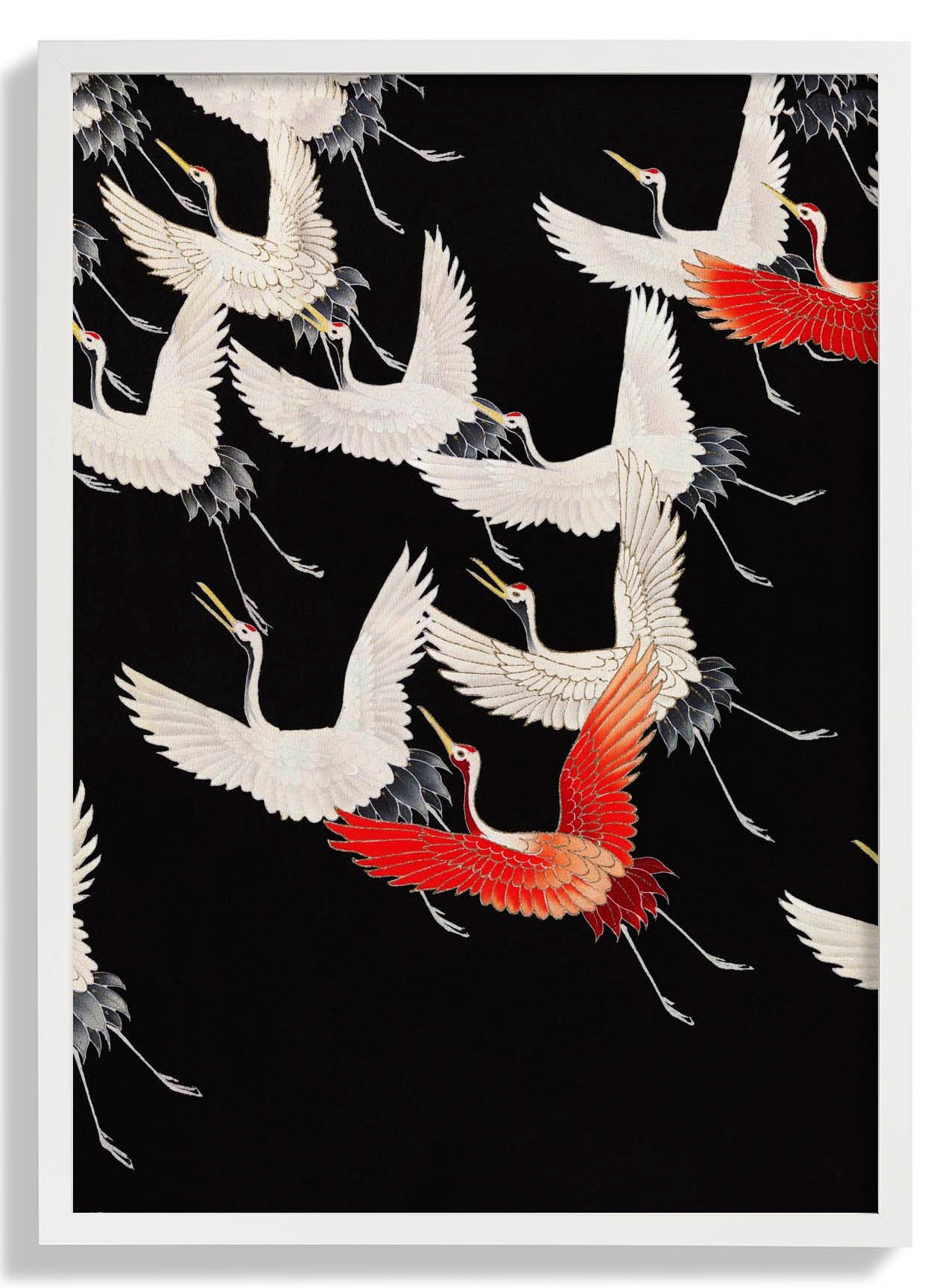 Weiße Kraniche und ein roter fliegender Kimono