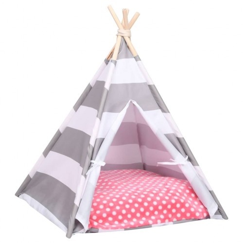 Tenda de descanso listrada para gatos em branco, cinza e rosa.