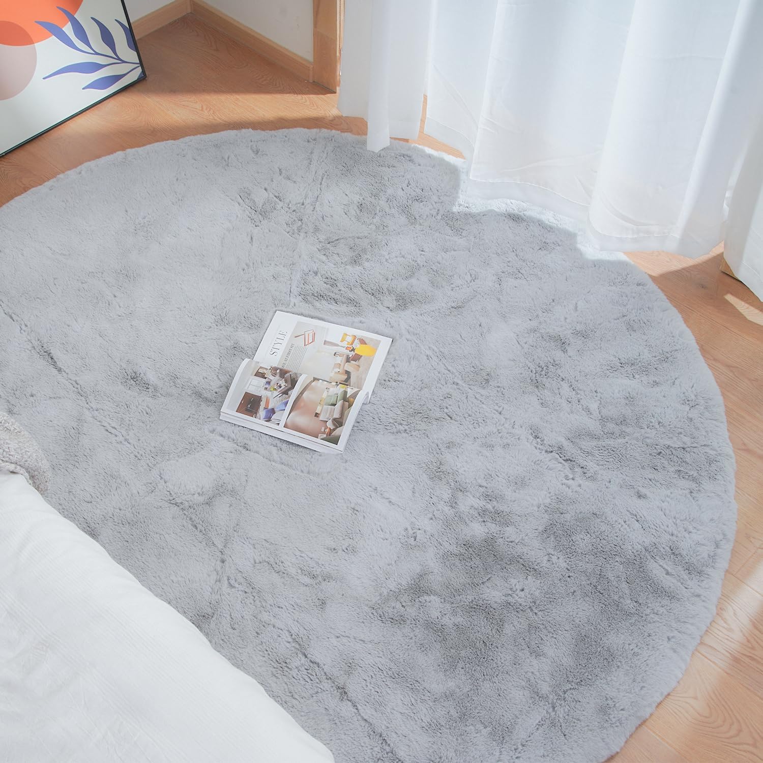 Teppich Wohnzimmer Rund Grau Waschbar 180 cm Flauschig Kunstfell Teppich Schlafzimmer Kinderzimmer Gegend Groß Weich