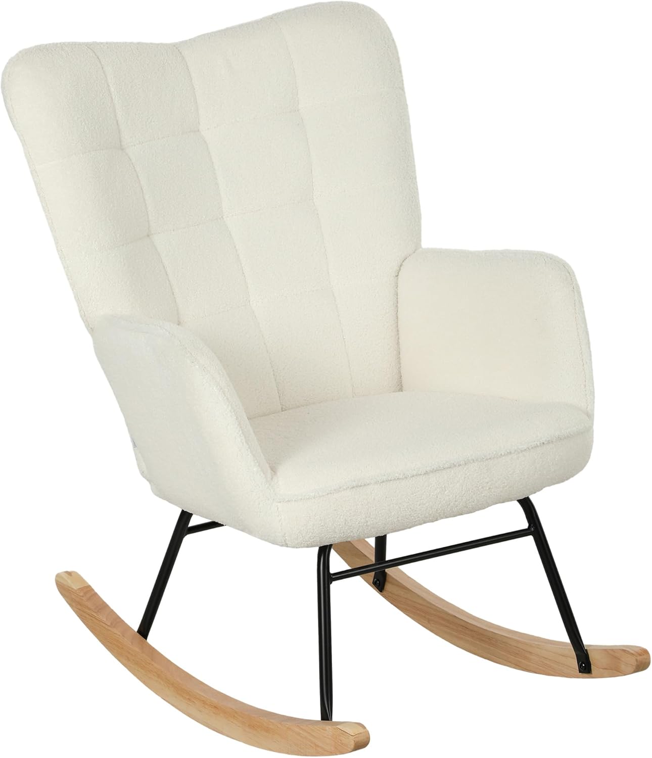 HOMCOM Schaukelstuhl, Schaukelsessel mit Berbervliesoptik, Armlehne, Gepolsterter Sessel mit Holzkufen, Relaxsessel für Wohnzimmer, Schlafzimmer, bis 120kg belastbar, Weiß