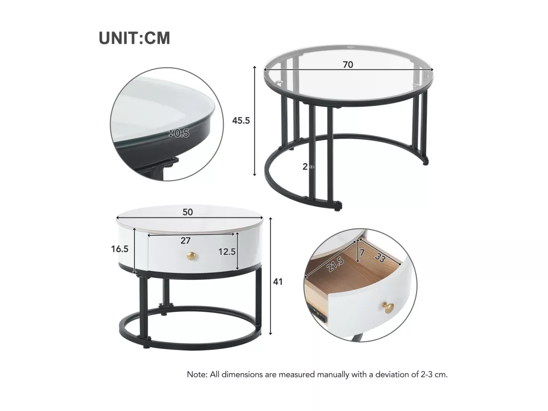 Lot de 2 table basse gigogne - table ronde, cadre en noir plateau en verre et ardoise marbrée blanc avec 1 tiroir - ø70x45,5+ø50x40cm