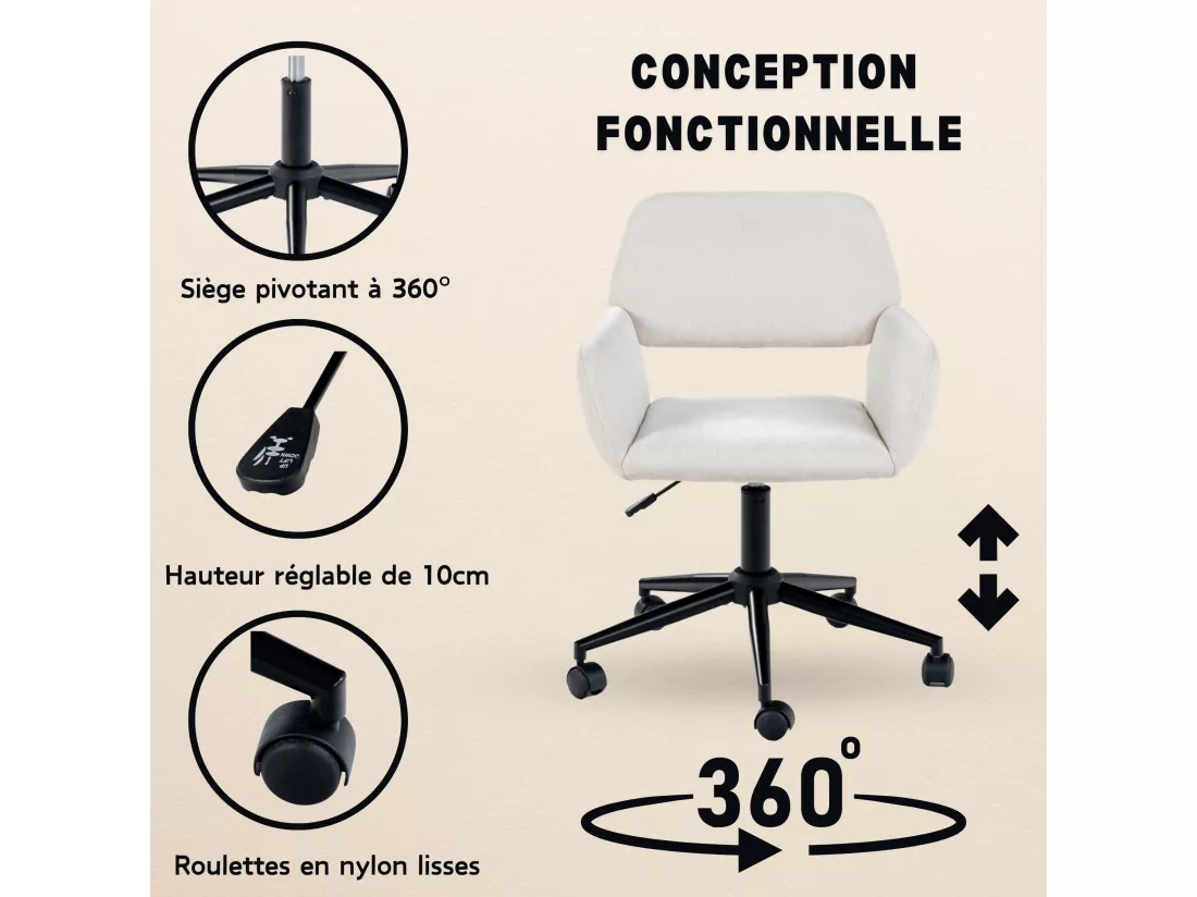 URBAN MEUBLE Chaise de bureau scandinave tissu beige pivotante hauteur réglable et 5 roulettes